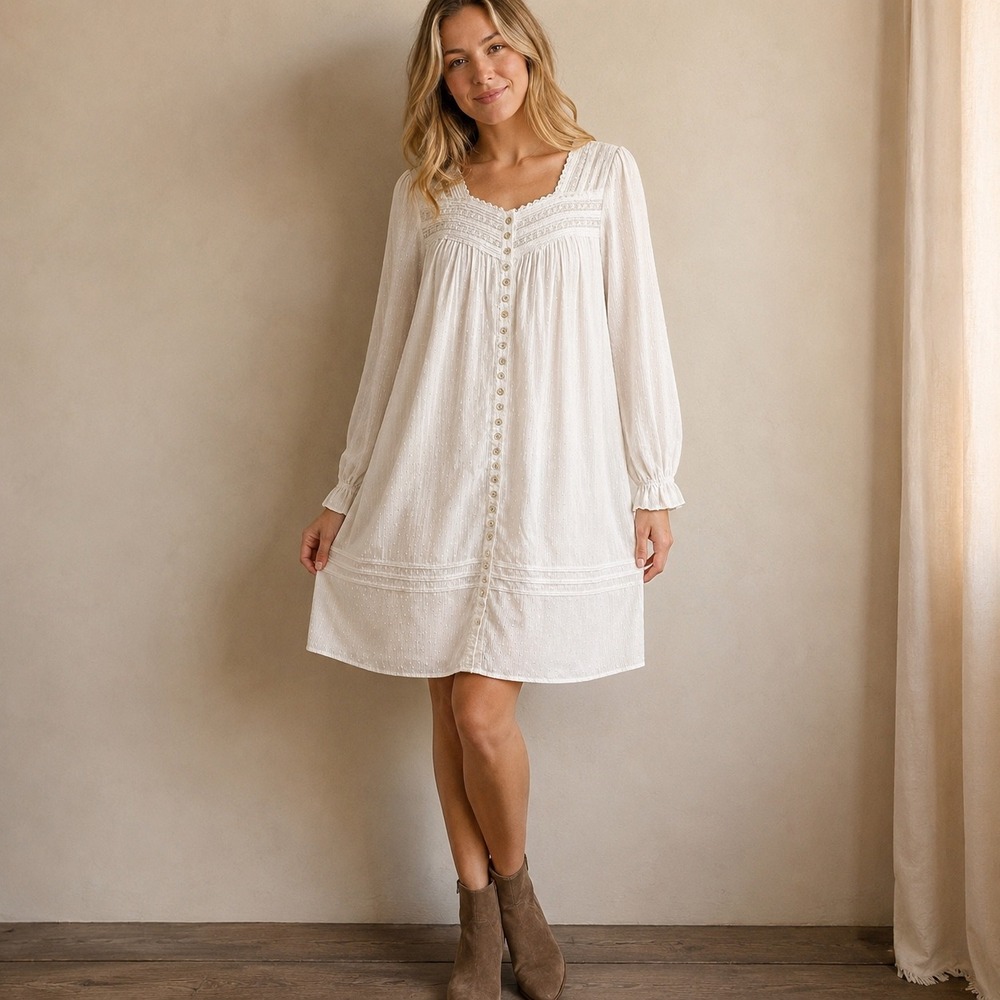 Eileen West Nightgown Womens Medium White cotton Swiss Dot Lace Button Front
